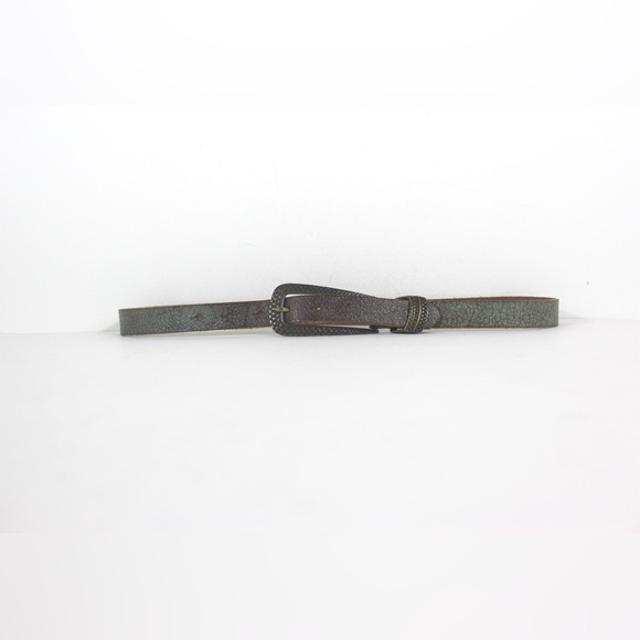 PUNTO FIBBIA Italian Leather Belt Painted Green Crackle Long Brass Buckle Skinny - Picture 2 of 10